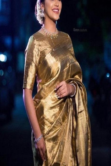 Attractive Fancy Designer Golden Saree For Party