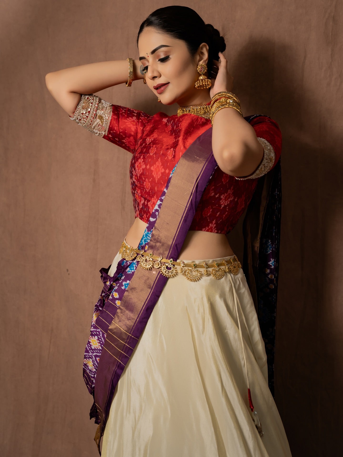 BrideLook Red & Ivory Embroidered Bridal Lehenga with Purple Dupatta