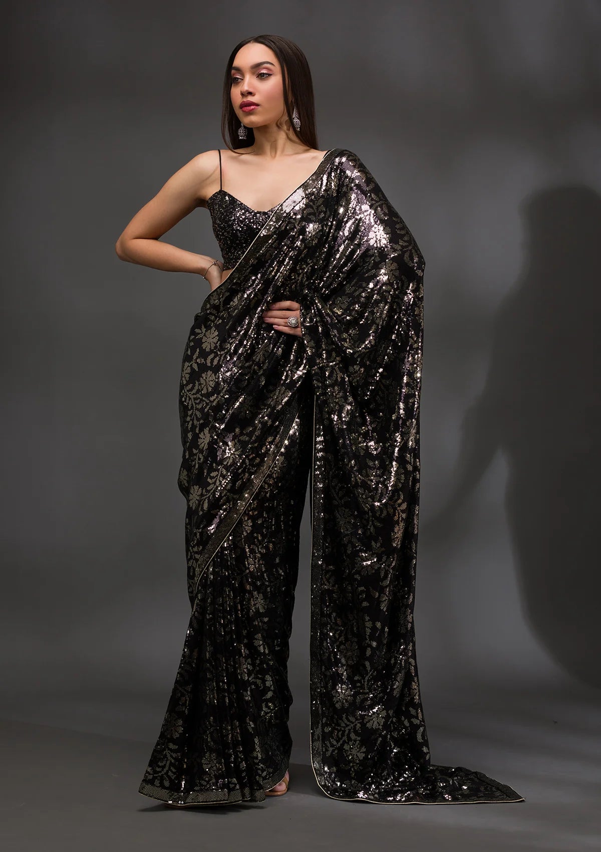 Black Georgette Sequins Saree With Matching Blouse Piece