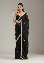 Black Tissue Gold Zariwork Saree With Matching Blouse Piece