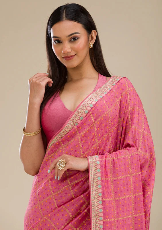 Pink Soft Raw Silk Gold Zariwork Saree With Matching Blouse Piece
