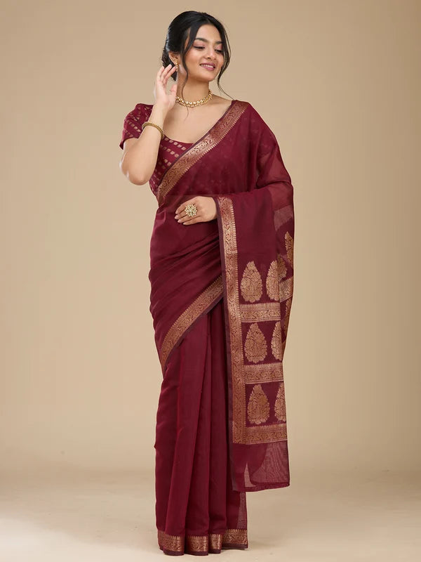 Maroon Silk Plain Saree With Matching Blouse Piece