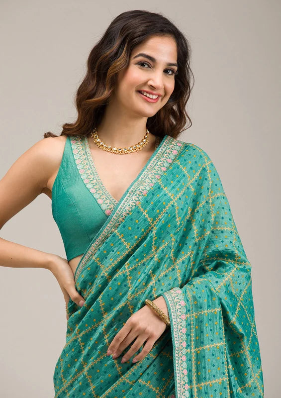 Turquoise Blue Soft Raw Silk Gold Zariwork Saree With Matching Blouse Piece