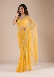 Mustard Chiffon Threadworkk Saree With Matching Blouse Piece