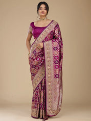 Wine Silk Jaal Gold Zariwork Saree With Matching Blouse Piece