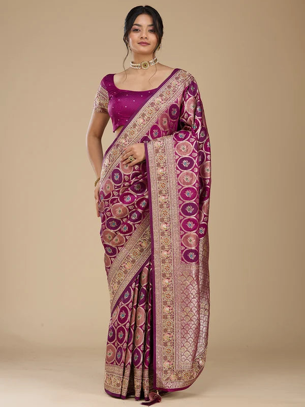 Wine Silk Jaal Gold Zariwork Saree With Matching Blouse Piece