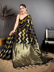Blackk Soft Silk Geometric Zigzag Zari Saree