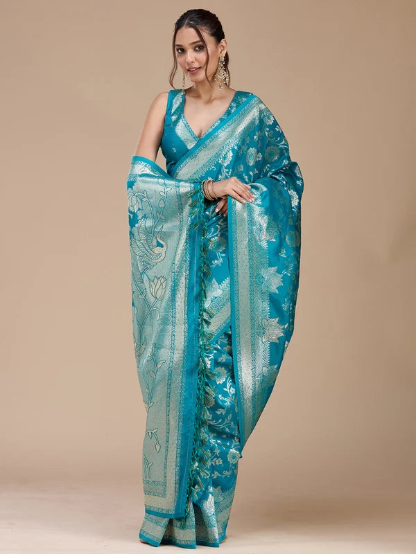 Turquoise Blue Silk Jaal Stonework Saree With Matching Blouse Piece
