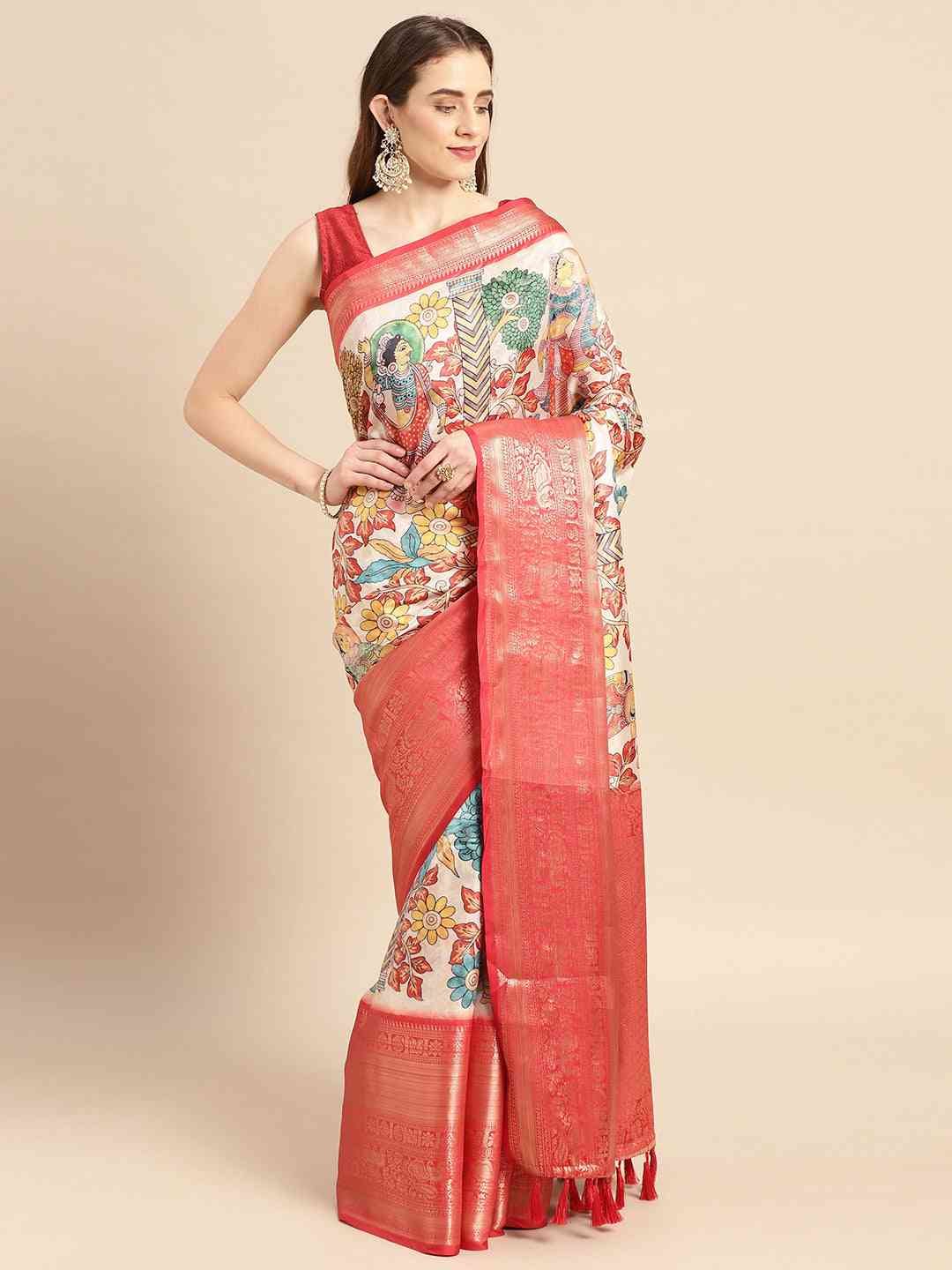 Exquisite Red Colour Kalamkari Pattu Banarasi Silk Saree