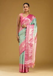 Mehendi Green Silk Jaal Gold Zariwork Saree With Matching Blouse Piece