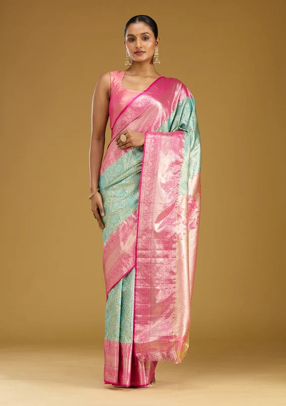 Mehendi Green Silk Jaal Gold Zariwork Saree With Matching Blouse Piece