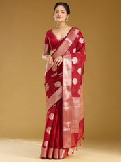 Red Cotton Buti Gold Zariwork Saree With Matching Blouse Piece