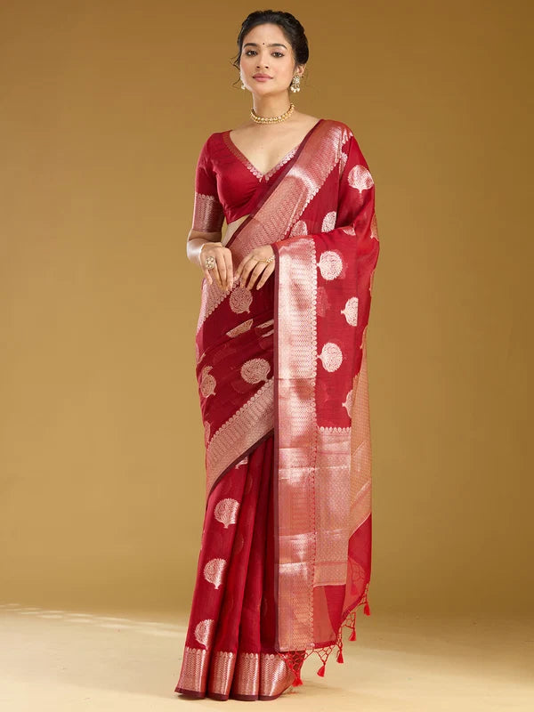 Red Cotton Buti Gold Zariwork Saree With Matching Blouse Piece