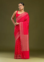 Magenta Pink Georgette Buti Gold Zariwork Saree With Matching Blouse Piece