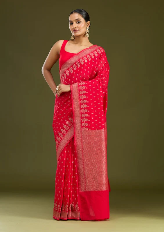 Magenta Pink Georgette Buti Gold Zariwork Saree With Matching Blouse Piece