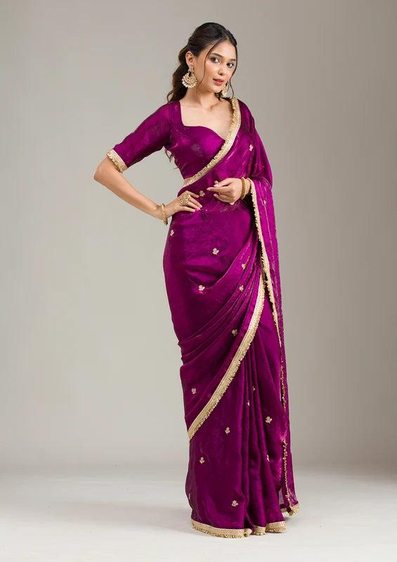 Wine Tissue Gold Zariwork Saree With Matching Blouse Piece