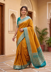 Mustard Yellow Silk Buti Saree With Matching Blouse Piece
