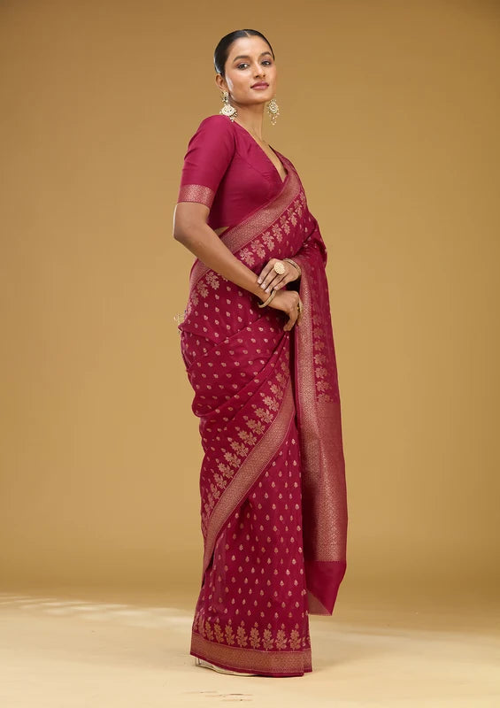 Wine Georgette Buti Gold Zariwork Saree With Matching Blouse Piece