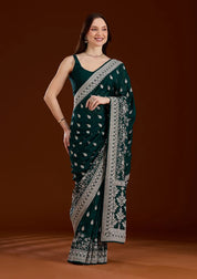 Bottle Green Soft Raw Silk Silver Zariwork Saree With Matching Blouse Piece