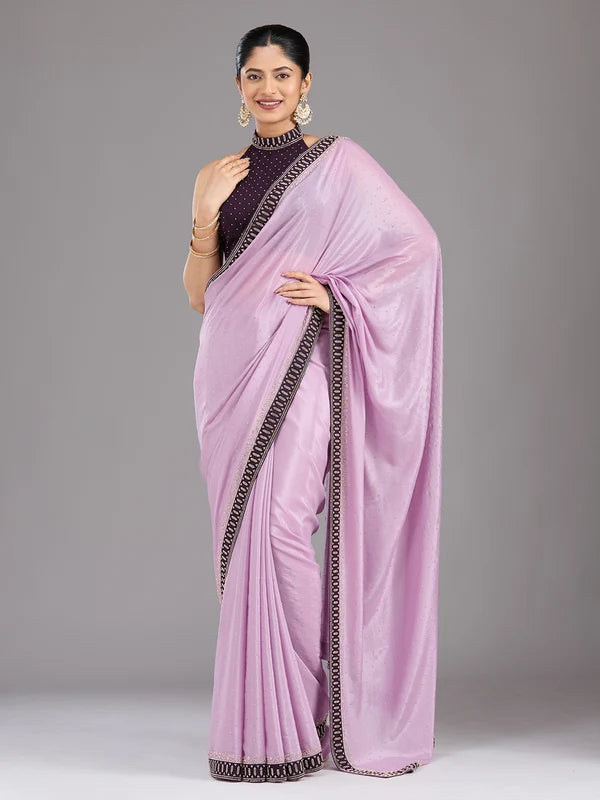 Lavender Satin Gold Stonework Saree With Matching Blouse Piece