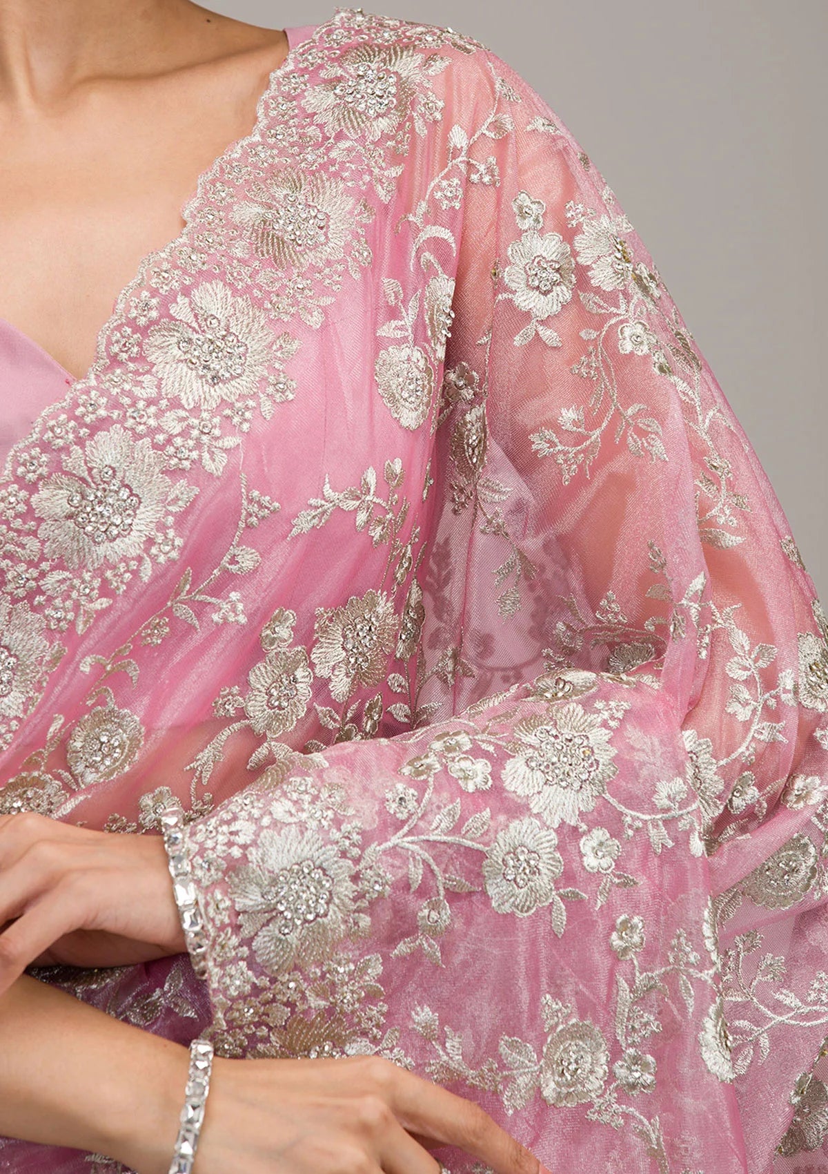 Elegant Floral Embroidered Saree with Ornate Border in Blush Pink & Aqua  Bridelook