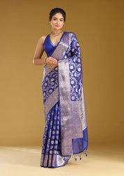 Royal Blue Cotton Jaal Zariwork Saree With Matching Blouse Piece