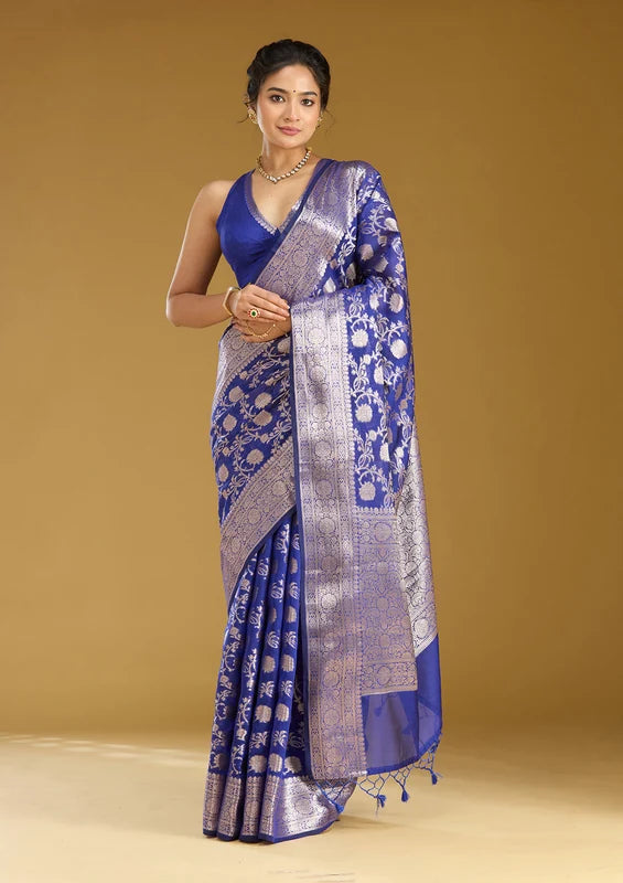 Royal Blue Cotton Jaal Zariwork Saree With Matching Blouse Piece