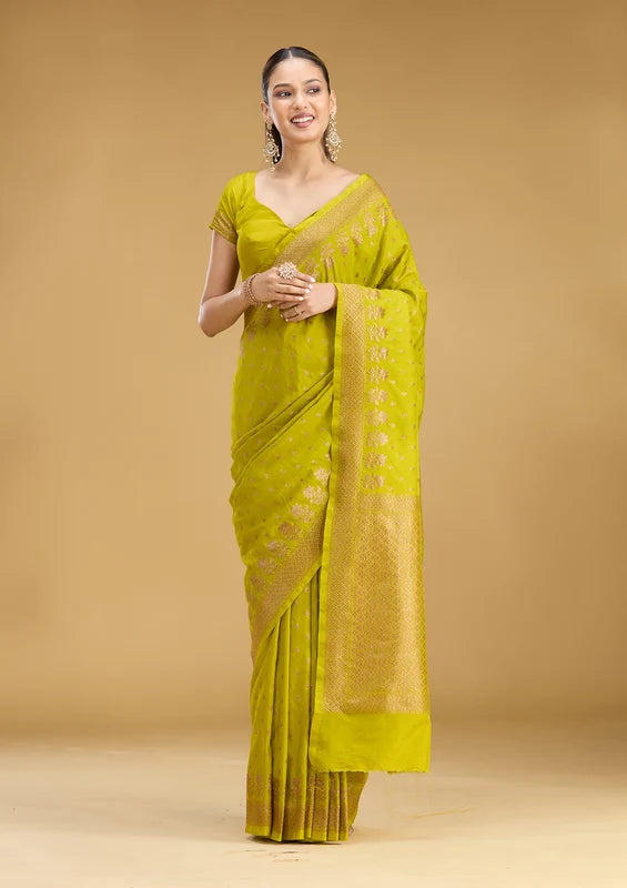Mehandi Green Georgette Buti Gold Zariwork Saree With Matching Blouse Piece