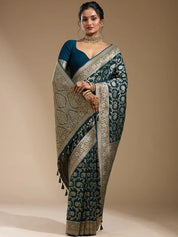Teal Green Art Georgette Jaal Gold Zariwork Saree With Matching Blouse Piece