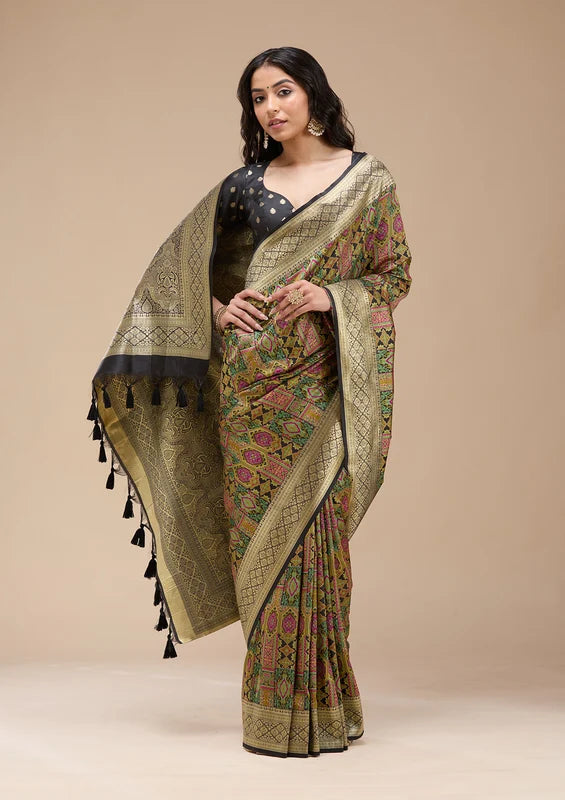 Black Silk Jaal Printed Saree With Matching Blouse Piece