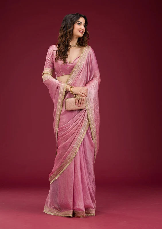 Onion Pink Tissue Cording Saree With Matching Blouse Piece