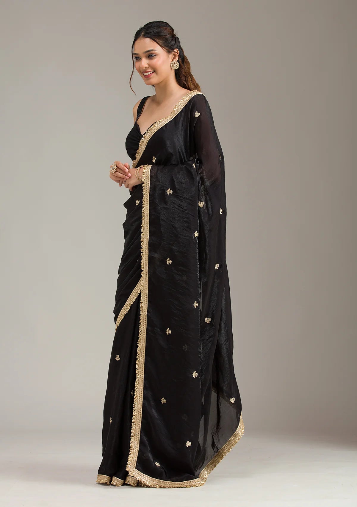 Black Tissue Gold Zariwork Saree With Matching Blouse Piece