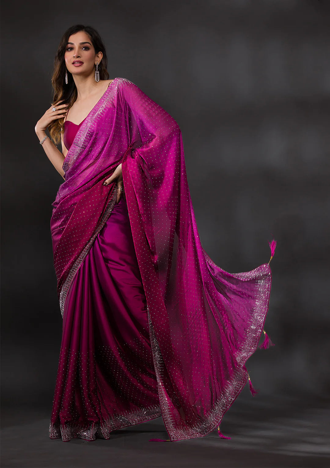 Ombre Wine Stonework Satin Designer Saree