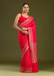 Magenta Pink Georgette Buti Gold Zariwork Saree With Matching Blouse Piece