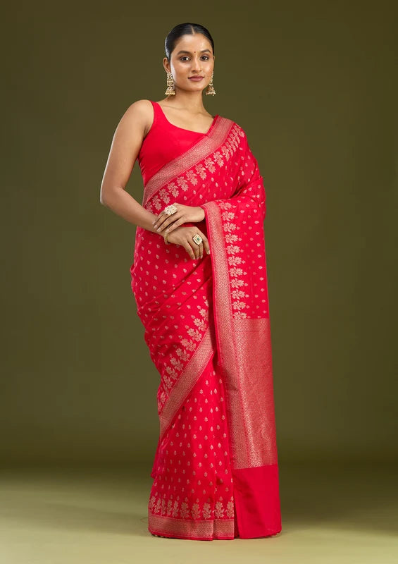 Magenta Pink Georgette Buti Gold Zariwork Saree With Matching Blouse Piece