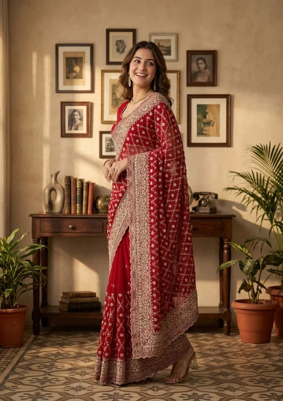 Rani Pink Georgette Gold Zariwork Saree With Matching Blouse Piece