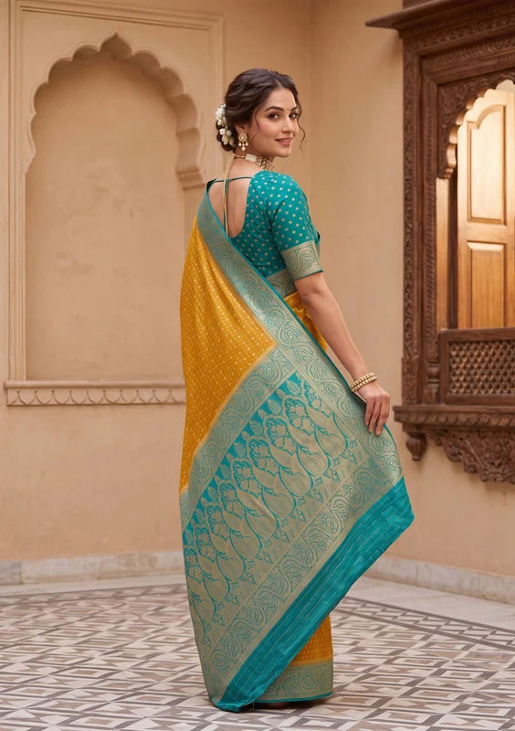 Mustard Yellow Silk Buti Saree With Matching Blouse Piece