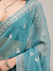 Sea Green Tissuee Silver Zariwork Saree With Matchingg Blouse Piece
