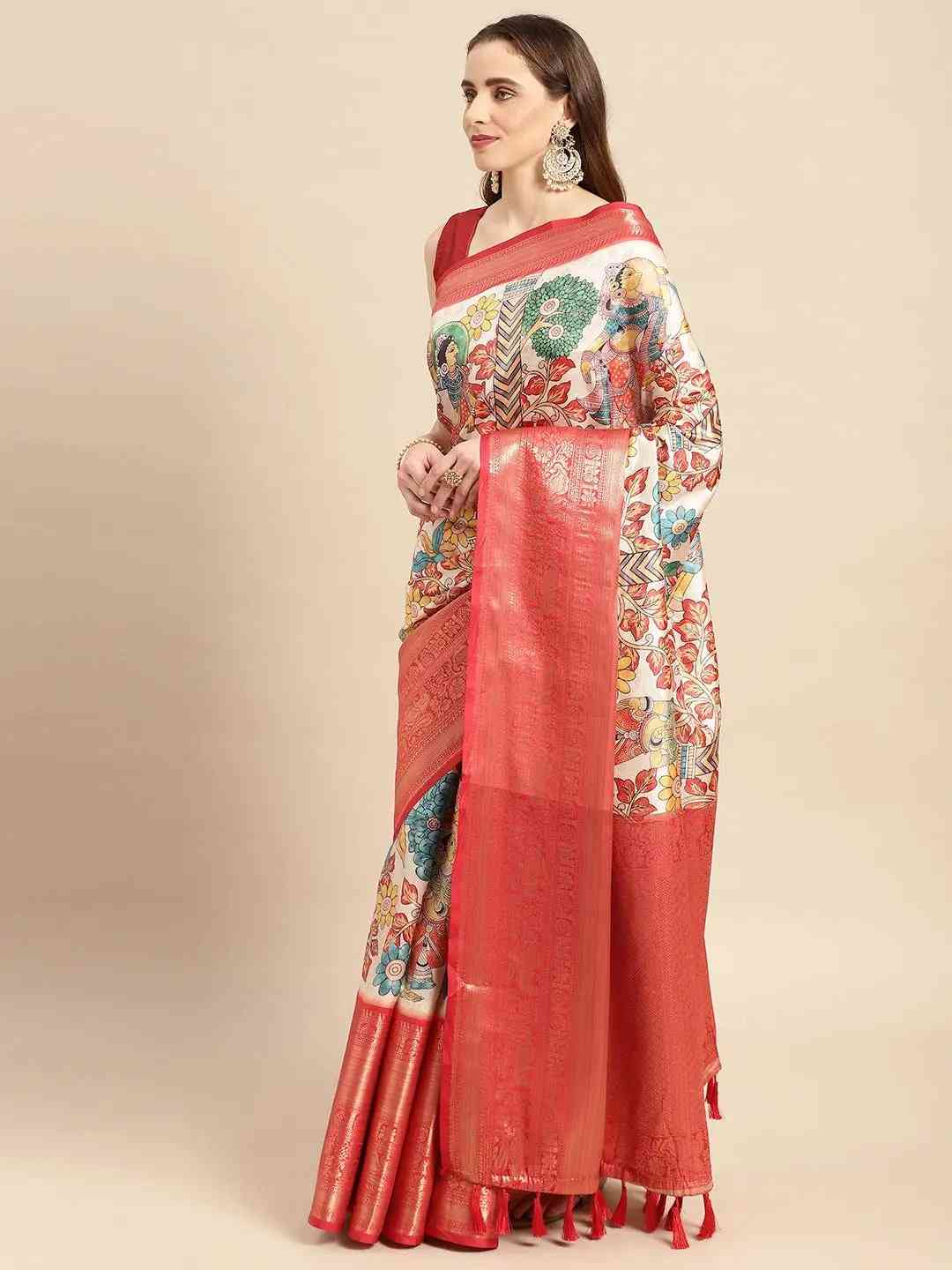 Exquisite Red Colour Kalamkari Pattu Banarasi Silk Saree