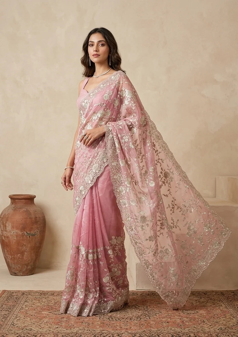 Elegant Floral Embroidered Saree with Ornate Border in Blush Pink & Aqua  Bridelook