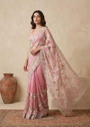 Elegant Floral Embroidered Saree with Ornate Border in Blush Pink & Aqua  Bridelook