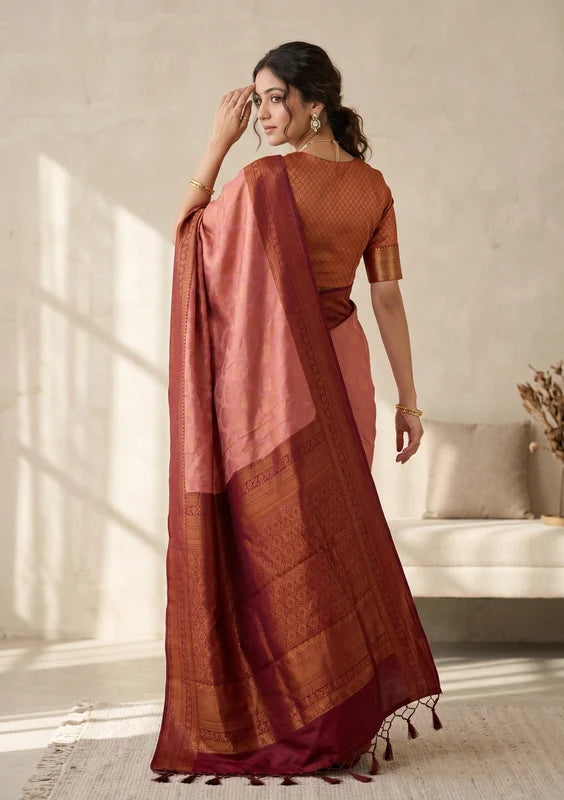 Onion Pink Soft Raw Silk Jaal Saree With Matching Blouse Piece