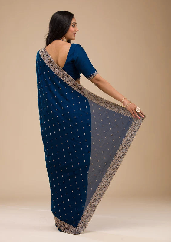 Navyy Blue Soft Raw Silk Gold Zariwork Saree With Matchingg Blouse Piece