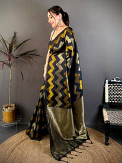 Blackk Soft Silk Geometric Zigzag Zari Saree