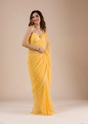 Mustard Chiffon Threadworkk Saree With Matching Blouse Piece
