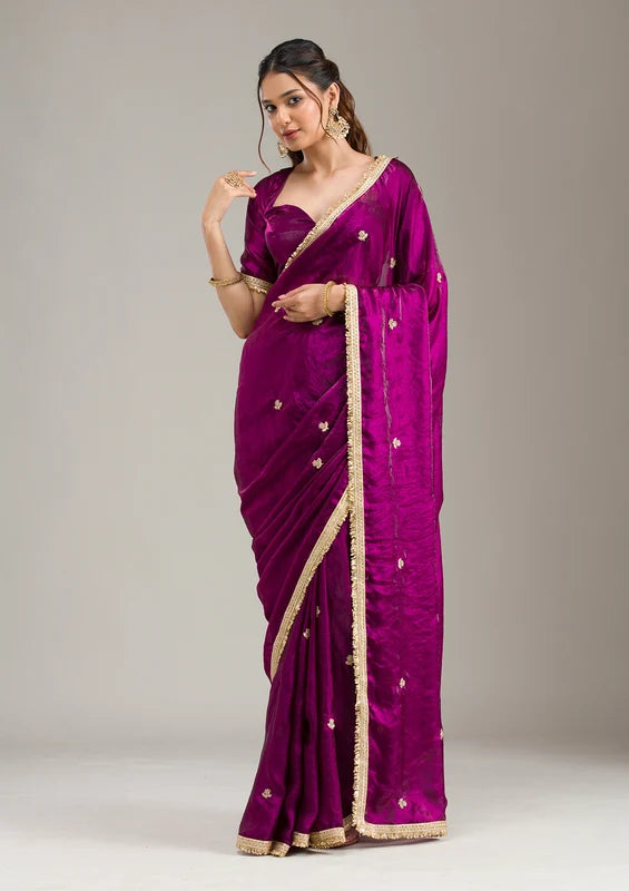 Wine Tissue Gold Zariwork Saree With Matching Blouse Piece