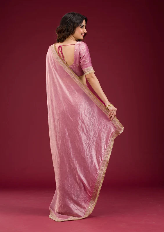 Onion Pink Tissue Cording Saree With Matching Blouse Piece