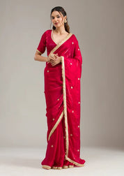 Maroon Tissue Gold Zariwork Saree With Matching Blouse Piece