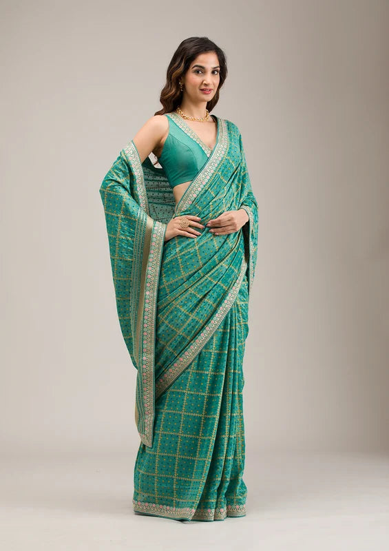 Turquoise Blue Soft Raw Silk Gold Zariwork Saree With Matching Blouse Piece