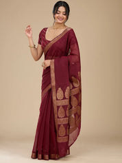 Maroon Silk Plain Saree With Matching Blouse Piece